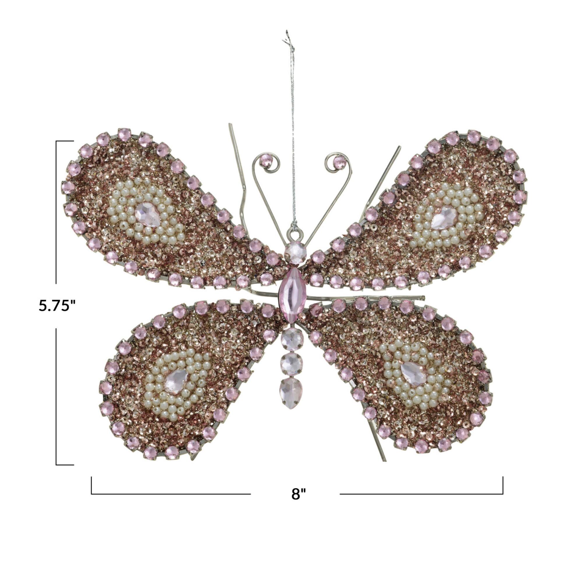 Hello Honey® 8" Silver, Pink & Cream Metal Butterfly Ornament with Sequins, Jewels & Beads